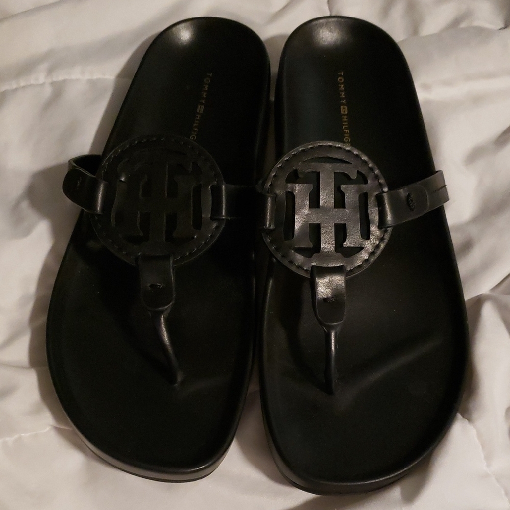 Tommy Hilfiger Black Sandals with Logo Medallion